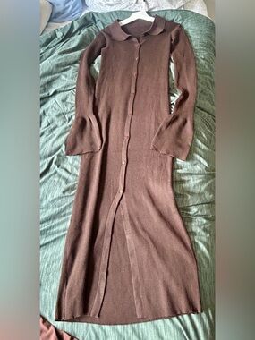Chocolate Brown Button-Front Ribbed Knit Sweater Dress, Sz M